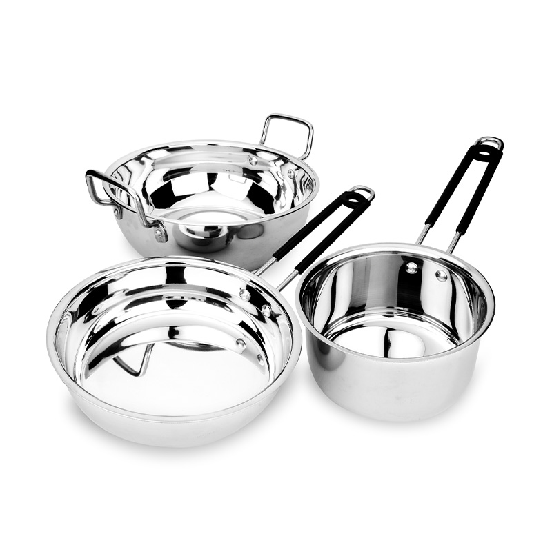 Stainless steel cookware set with pans on a white background