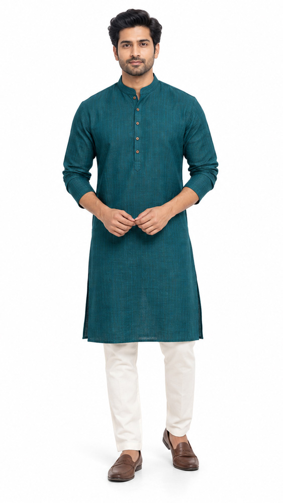 Teal kurta set photographed on a model in the studio