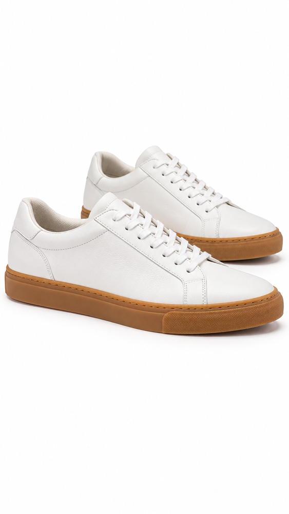 White leather sneakers with gum soles on a white background