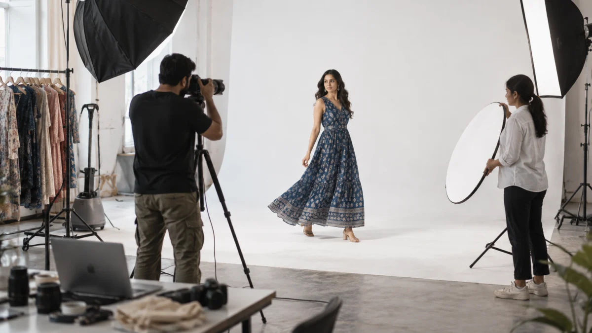 Behind the scenes of a wide amazon a+ content header shoot: an Indian model in an indigo printed tiered maxi dress walks across a white cyclorama while a photographer on a tripod frames a wide landscape composition and an assistant holds a large reflector