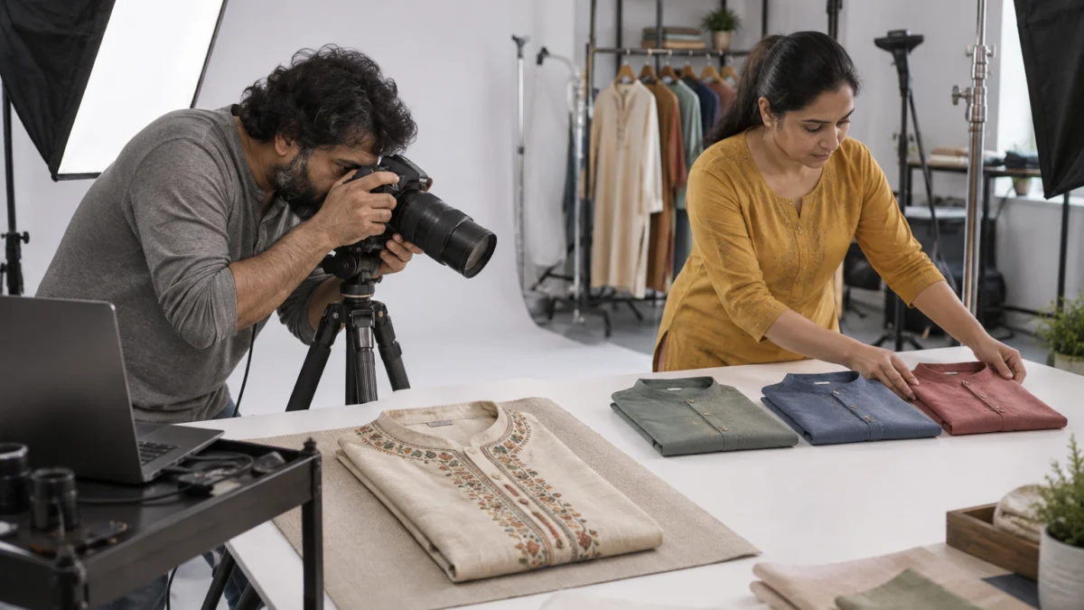Behind the scenes of shooting a+ module images: an Indian photographer with a macro lens on a tripod captures the embroidered neckline of a folded beige kurta while a stylist in a mustard kurta lines up green, blue and red folded menswear shirts for a comparison chart shot