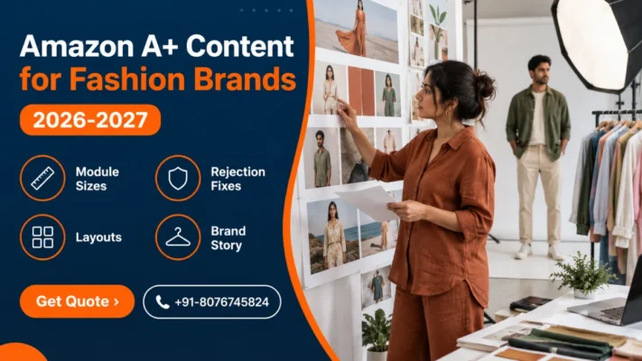 Amazon A+ content for fashion brands banner showing an Indian art director in a rust linen co-ord reviewing wide banner layouts pinned on a studio wall while a male model in an olive overshirt poses under an octabox, with a navy panel listing module sizes, rejection fixes, layouts and brand story