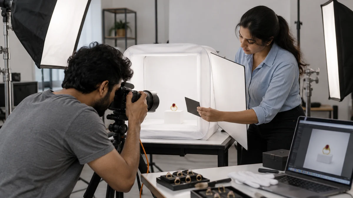 Behind the scenes of amazon jewellery image requirements shoot: a photographer frames a red gemstone gold ring on a white acrylic block in a light tent while an assistant holds a diffusion panel and black card to control reflections