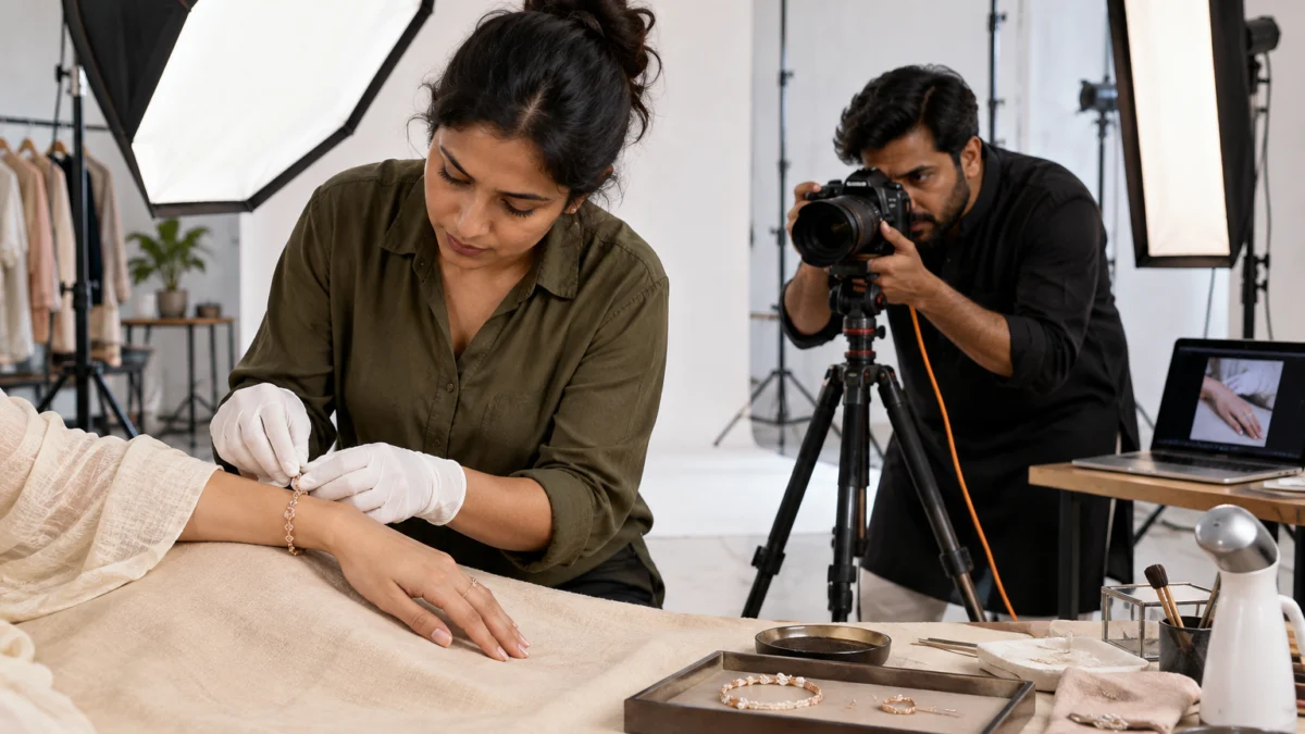 Behind the scenes of jewelry on model hand photos: a stylist in cotton gloves adjusts a rose-gold bracelet on a hand model's wrist on beige fabric while a photographer frames the shot from a low tripod
