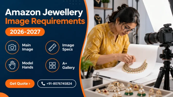 Amazon jewellery image requirements banner showing an Indian female photographer arranging a gold kundan necklace on a white acrylic table beside a macro camera and diffusion panel, with a navy panel listing main image, image specs, model hands and A+ gallery
