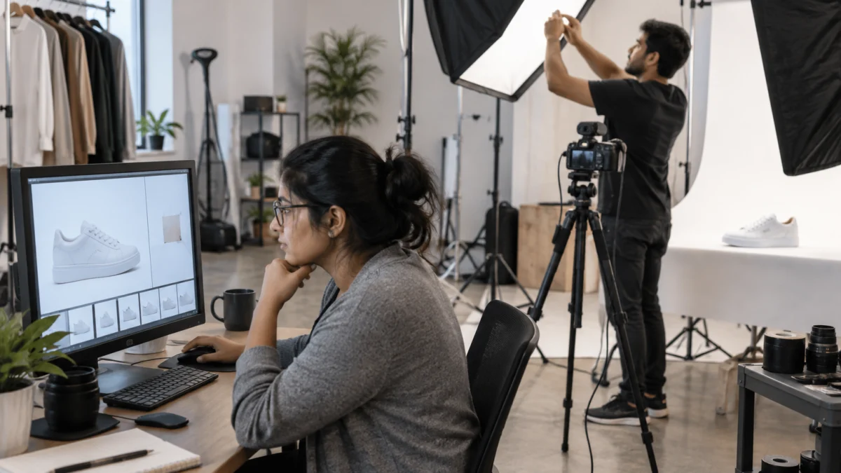 Behind the scenes of checking amazon image size requirements and white background: an Indian retoucher with glasses reviews a white leather sneaker packshot on a calibrated monitor while a photographer adjusts a large softbox over the white tabletop sweep