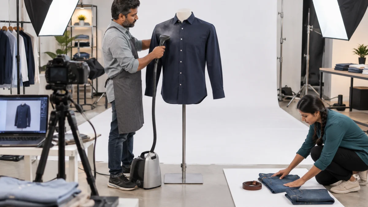 Behind the scenes of shooting amazon gallery images: an Indian stylist in a grey apron steams a navy shirt on a ghost mannequin in front of a white backdrop while an assistant arranges folded denim jeans and a leather belt for a top-down flat lay on a white board