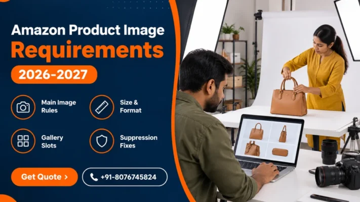 Amazon product image requirements banner showing an Indian photographer checking a tethered laptop of white-background packshots while a stylist places a tan leather handbag on a pure white sweep, with a navy panel listing main image rules, size and format, gallery slots and suppression fixes
