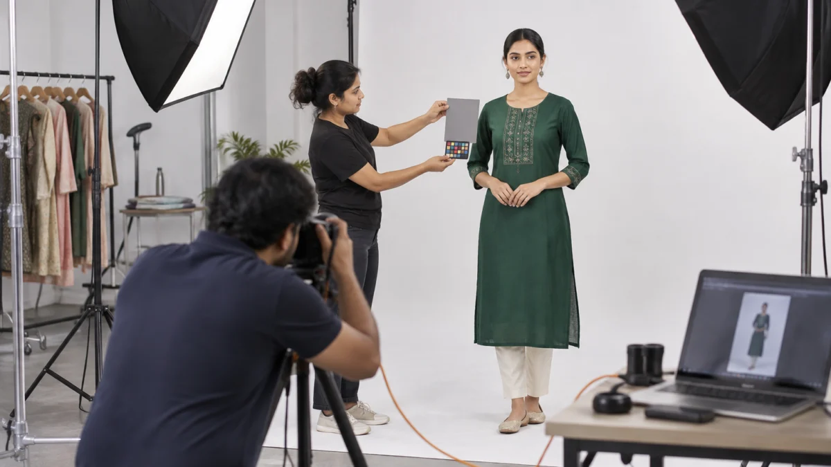 Behind the scenes of grey card white balance clothing shoot: an assistant holds a neutral grey card and a blank colour patch chart beside a model in an emerald green cotton kurti while the photographer captures a reference frame under two large softboxes