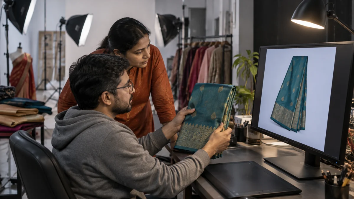 Behind the scenes of fabric colour correction QC: a retoucher holds a folded teal silk saree beside a calibrated monitor showing the same saree photo while a catalogue manager leans in to compare the shade under a daylight desk lamp