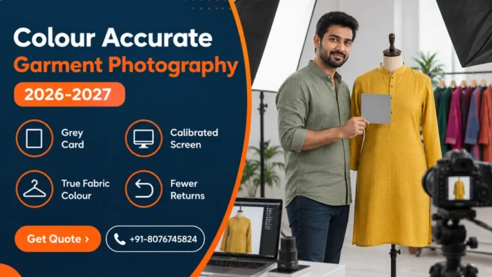 Colour accurate garment photography banner showing an Indian photographer holding a grey card beside a mustard kurta on a mannequin with a rack of jewel-toned kurtas, navy panel listing grey card, calibrated screen, true fabric colour and fewer returns