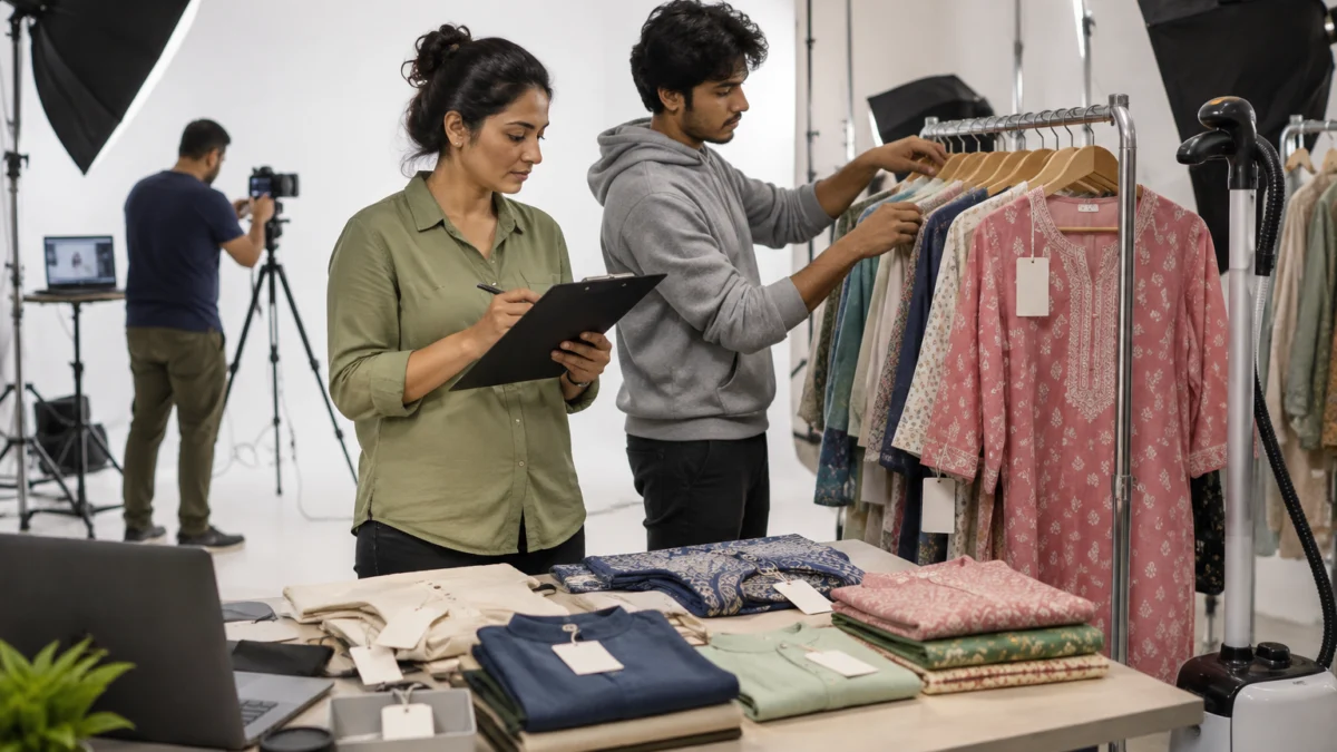 Behind the scenes of planning a catalogue video budget: a production coordinator with a clipboard and a stylist sort kurtas and shirts into shoot batches on a clothing rack while a videographer sets up a tripod camera in front of a white cyclorama