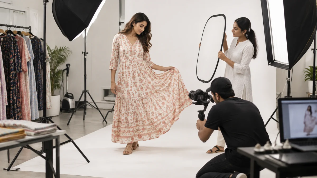 Behind the scenes of a fashion video shoot cost breakdown: a videographer on a handheld gimbal films a model holding out the tiered hem of a floral printed maxi dress while an assistant holds a reflector beside strip softboxes