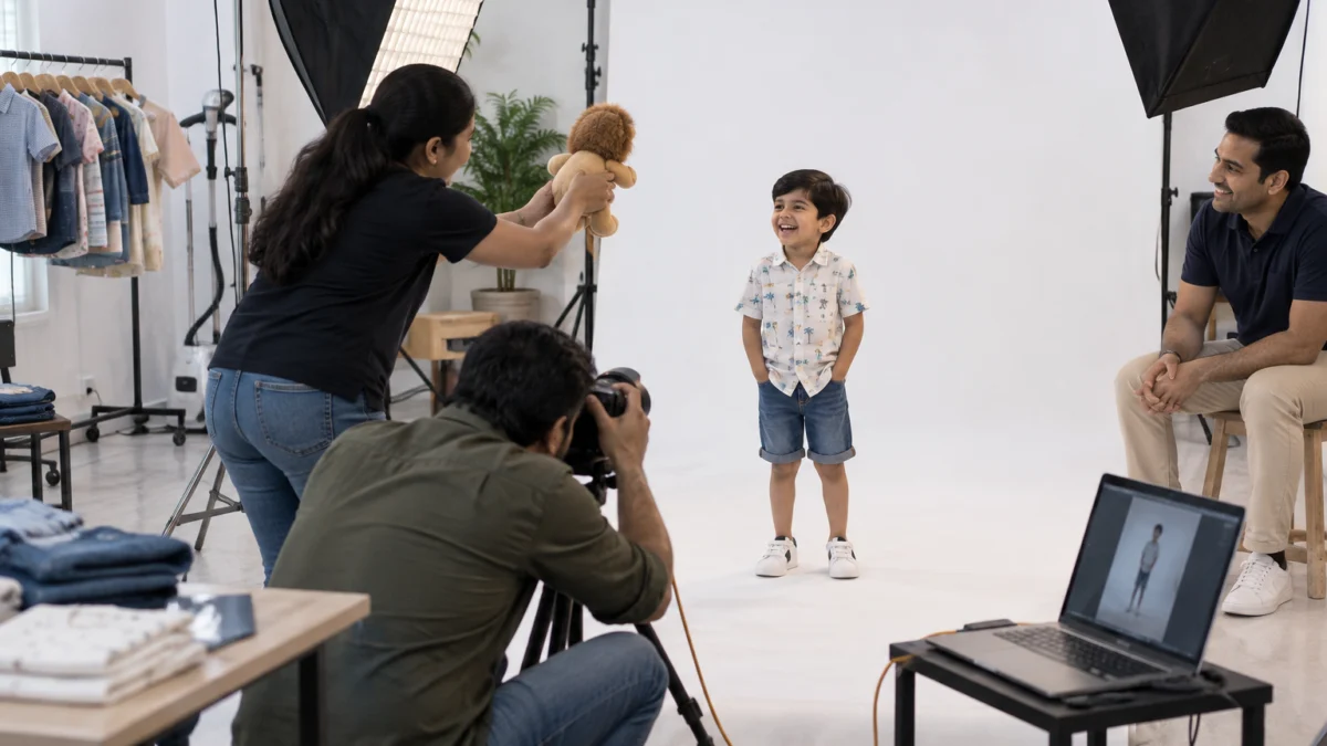 Behind the scenes of a child model shoot for ecommerce: a photographer crouches at a six-year-old boy's eye level on white seamless paper while an assistant holds up a soft lion toy beside the camera and the boy's father smiles from a stool, softboxes and a tethered laptop around the set