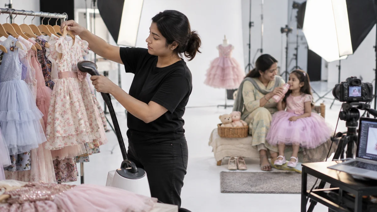 Behind the scenes of a kids clothing photoshoot: a stylist steams a floral girls' frock on a kidswear rack while a mother gives her daughter in a pink tulle party dress a water break on a cushioned bench beside a basket of soft toys, softboxes and white set in the background