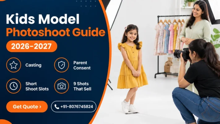 Kids model photoshoot banner showing a smiling Indian girl in a mustard frock on a white studio set while a photographer kneels at her eye level and her mother watches beside a kidswear rack, with navy panel listing casting, parent consent, short shoot slots and 9 shots that sell
