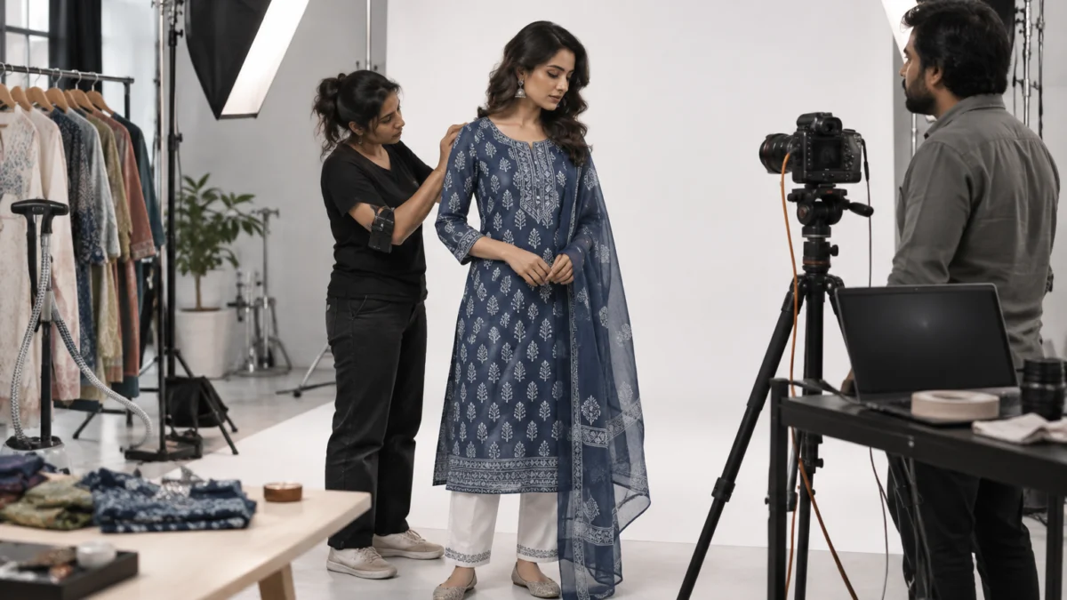 Behind the scenes of a kurta set photoshoot: a stylist adjusts the shoulder of an indigo block-printed kurta and its sheer dupatta on a model in white pants, while a photographer waits beside a camera on a tripod tethered to a laptop under softboxes