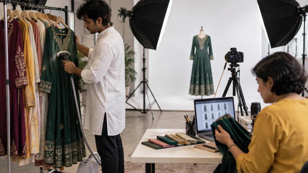 Behind the scenes of a kurti catalogue shoot: an assistant steams a bottle-green embroidered anarkali kurti on a clothing rack while a photographer holds the real fabric beside a tethered laptop to check kurti product photos for colour accuracy, a ghost mannequin dress lit by softboxes behind