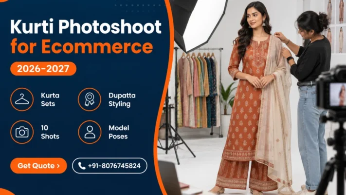 Kurti photoshoot for ecommerce banner showing an Indian model in a rust block-printed kurta set with palazzo while a stylist drapes an ivory dupatta under an octabox, with a navy panel listing kurta sets, dupatta styling, 10 shots and model poses