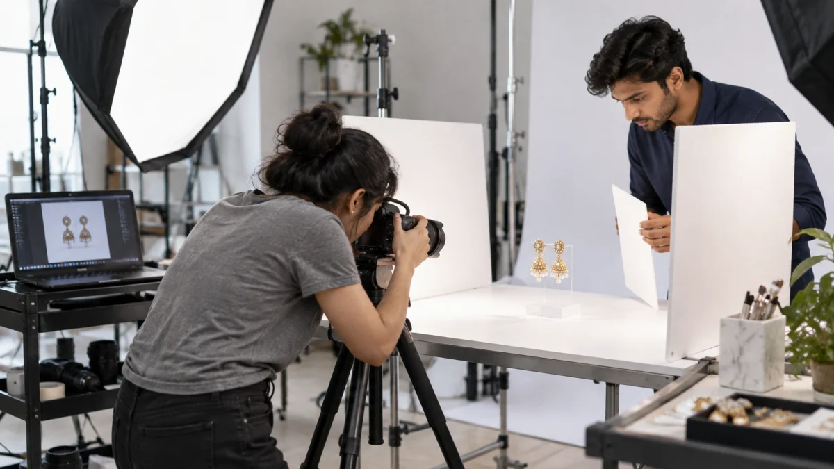 Behind the scenes of meesho jewellery catalog photos: a photographer on a tripod shoots gold-tone kundan earrings on a clear acrylic stand inside a white foam-board tent while an assistant lifts the shine with a white reflector card