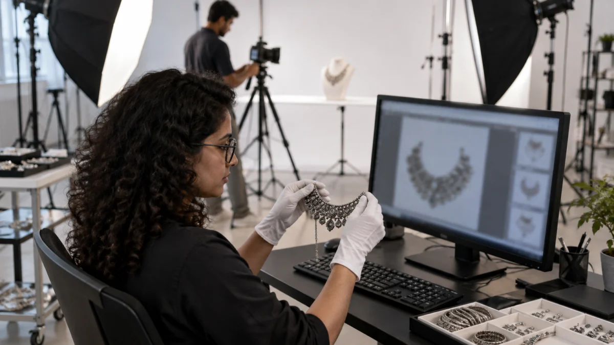 Behind the scenes of jewellery clarity and sharpness checks: a retoucher in white cotton gloves compares an oxidised silver necklace with its photo on a calibrated monitor while a photographer works under softboxes in the background