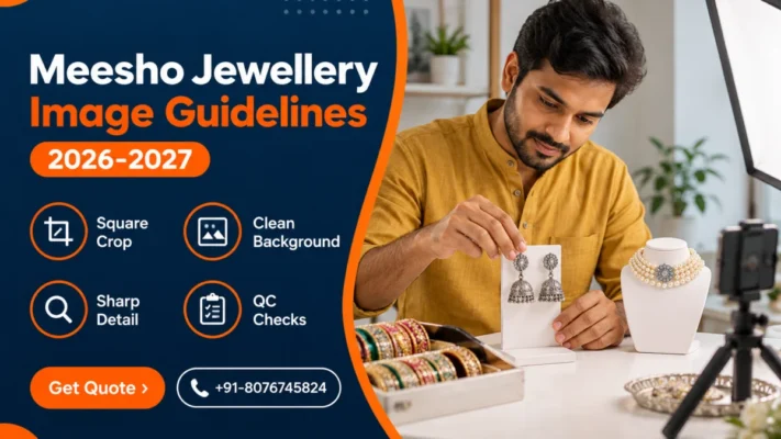 Meesho jewellery image guidelines banner showing an Indian seller in a mustard kurta arranging oxidised silver jhumkas and a pearl choker on a white acrylic table under a softbox, with a navy panel listing square crop, clean background, sharp detail and QC checks