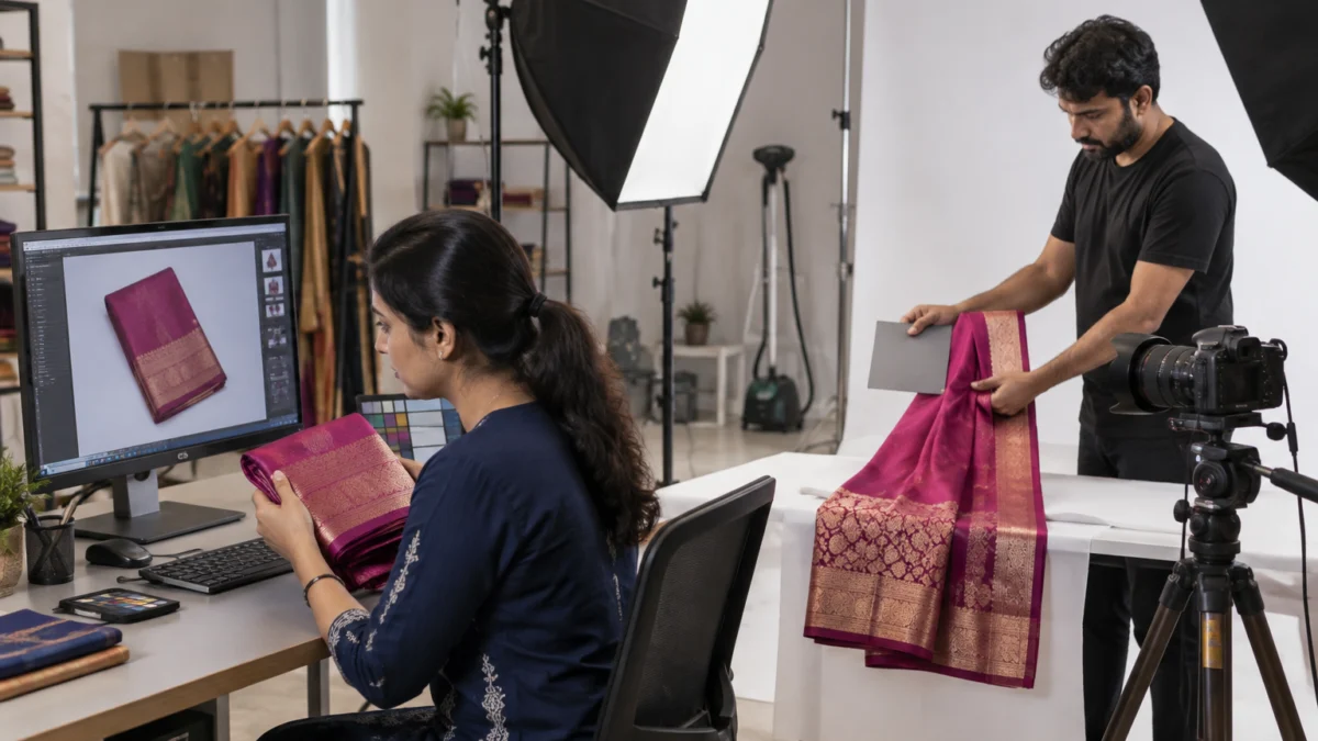 Behind the scenes of Meesho photography colour matching: a retoucher in a navy kurta holds a folded magenta silk saree beside a calibrated monitor while a photographer holds a grey card next to the draped saree under a large softbox