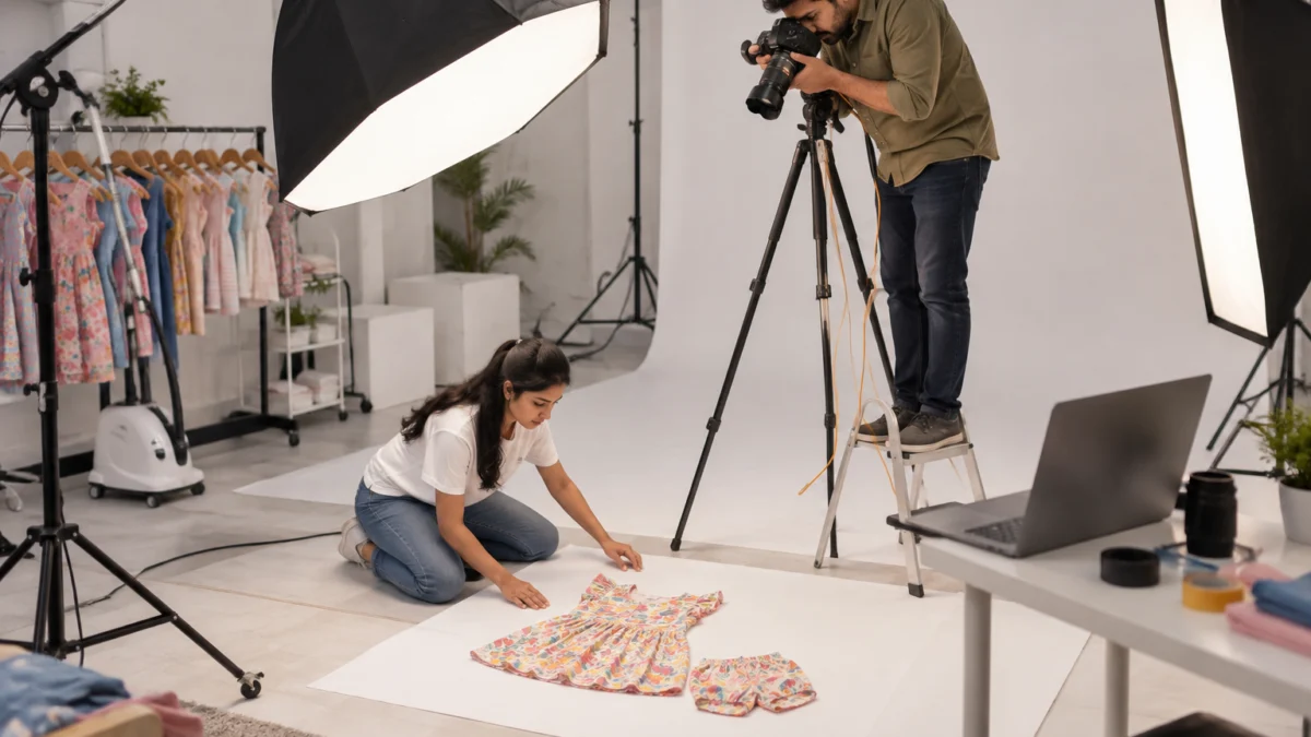Behind the scenes of a Meesho catalogue photography flat lay: a photographer on a small step ladder shoots a floral kids' frock and shorts set laid on white paper while an assistant smooths the fabric edges under two softboxes