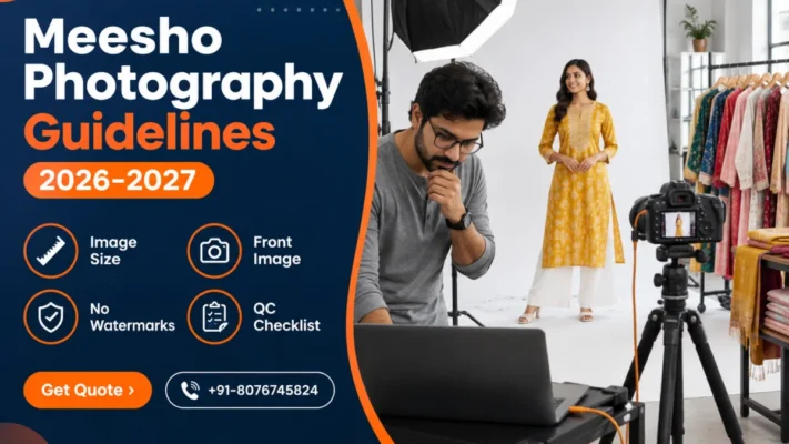 Meesho photography guidelines 2026-2027 banner showing an Indian photographer checking a tethered laptop while a model in a mustard printed kurta poses under an octabox, with a navy panel listing image size, front image, no watermarks and QC checklist