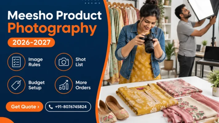 Meesho product photography banner showing an Indian woman photographer shooting a flat lay of printed cotton kurtis in a bright studio, with a navy panel listing image rules, shot list, budget setup and more orders