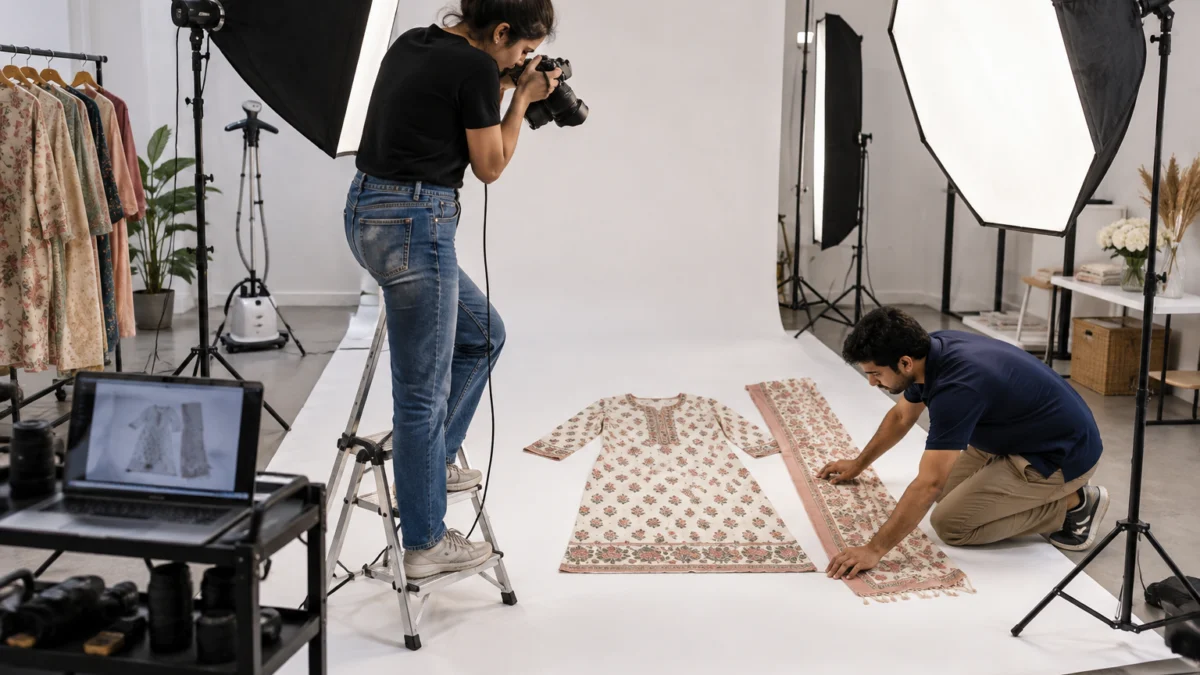 Behind the scenes of a low-cost catalogue shoot for Meesho sellers: a woman photographer in a black t-shirt on a step ladder shoots a top-down flat lay of a cream block-printed cotton kurti and dupatta on white seamless paper while a male assistant in a navy polo smooths the fabric between two large softboxes