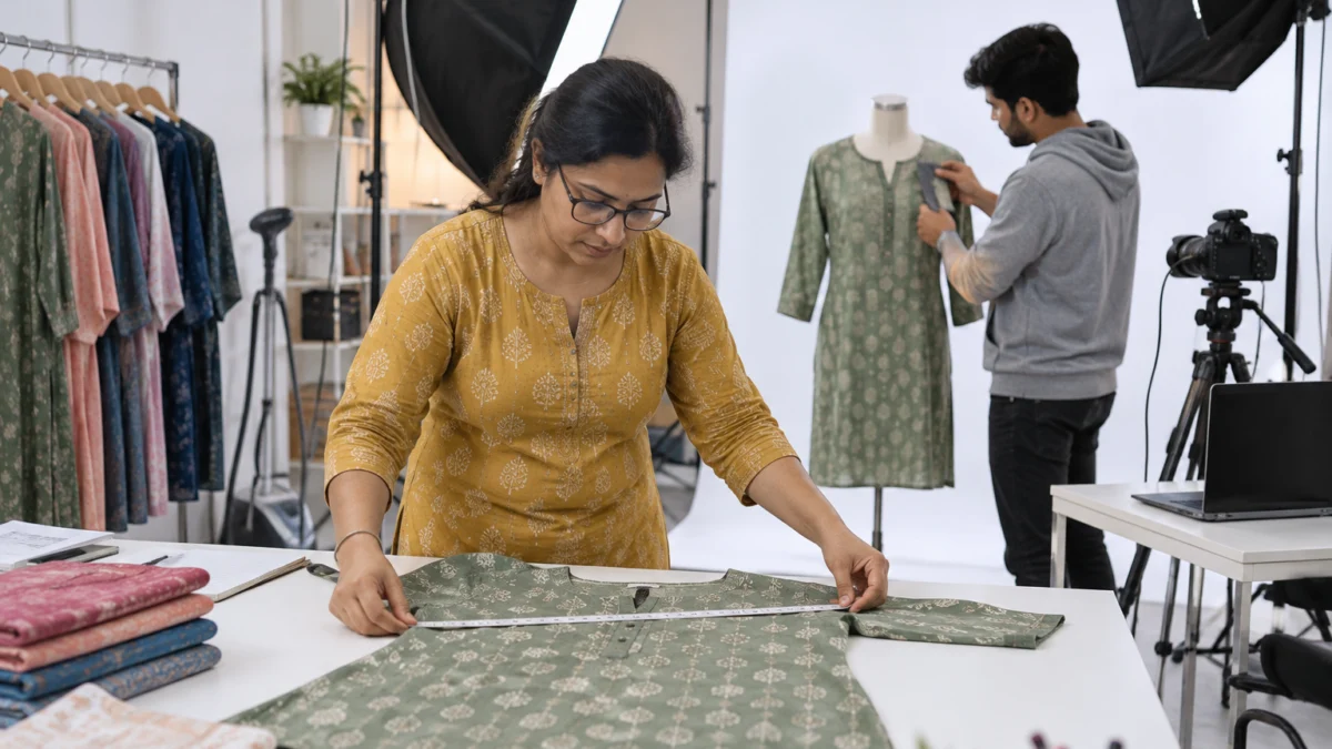 Behind the scenes of cutting Meesho return charges: a stylist in a mustard kurta and glasses measures the chest width of a sage green printed cotton kurti with a cloth tape on a white table while a colleague in a grey hoodie checks colour against the same kurti on a ghost mannequin under a softbox