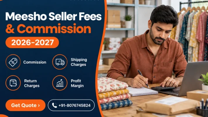 Meesho seller fees 2026-2027 banner showing an Indian seller in a rust linen shirt calculating costs at a packing table with folded printed kurtis and mailer parcels, navy panel listing commission, shipping charges, return charges and profit margin