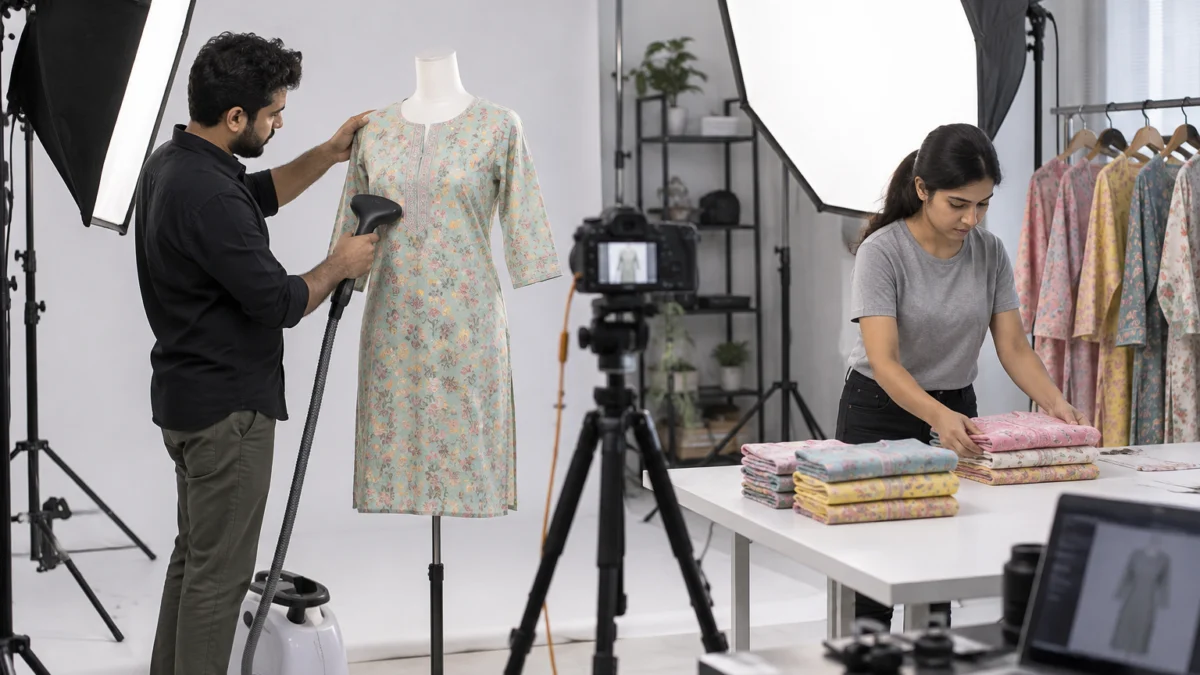 Behind the scenes of a first Meesho catalogue shoot: a stylist steams a pastel printed cotton kurti on a ghost mannequin while an assistant sorts folded kurtis by colour under studio softboxes