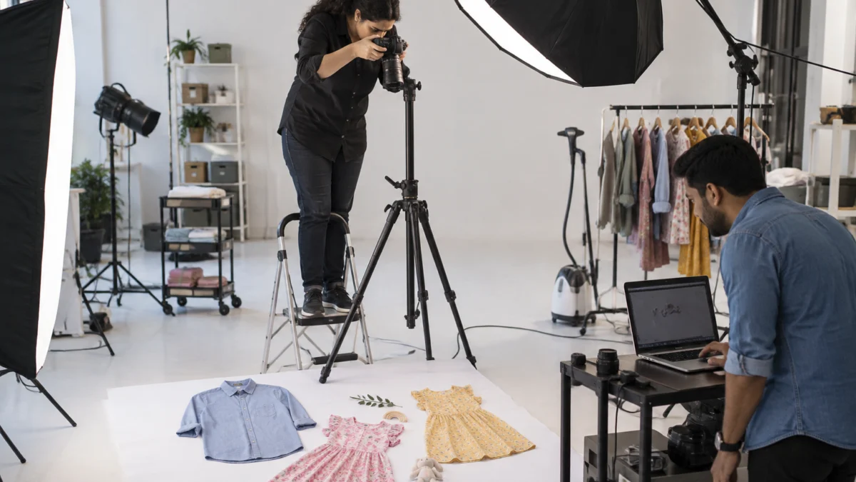 Behind the scenes of Meesho supplier onboarding photography: a photographer on a step ladder shoots a top-down flat lay of kids frocks and a casual shirt while an assistant checks frames on a tethered laptop
