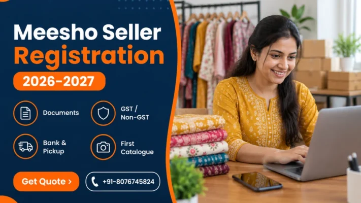 Meesho seller registration banner showing a smiling young Indian woman entrepreneur in a mustard kurta typing a supplier signup on a laptop beside folded printed fabrics and a rack of ethnic wear, with a navy panel listing documents, GST or non-GST, bank and pickup, and first catalogue steps