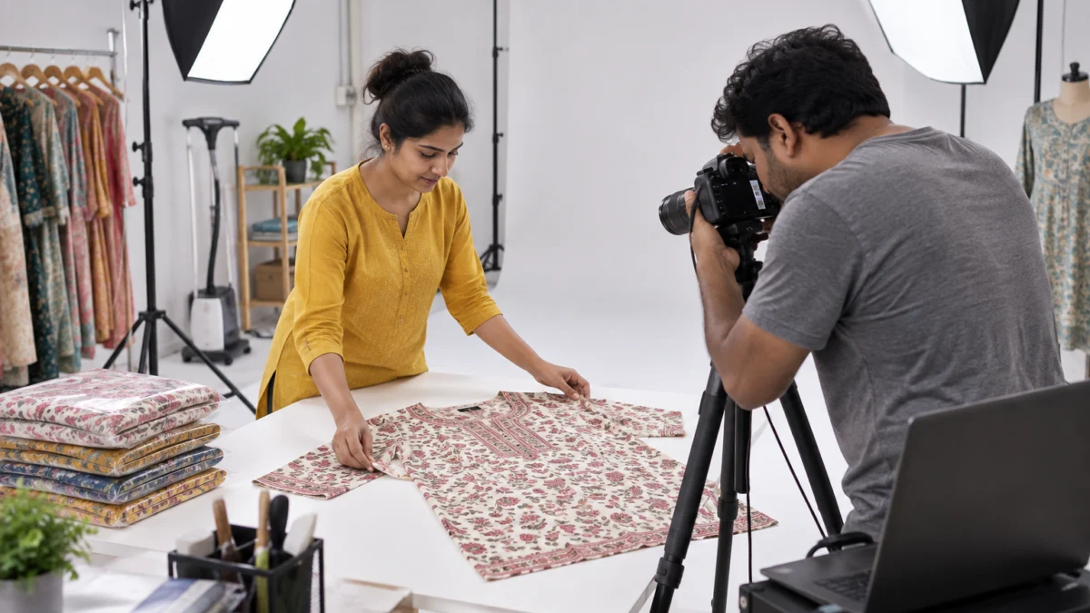 Behind the scenes of building Meesho return evidence: a stylist in a mustard top lays a printed rose kurti flat on a white table while a photographer captures fabric and neckline close-ups under softboxes, with folded kurtis stacked beside them