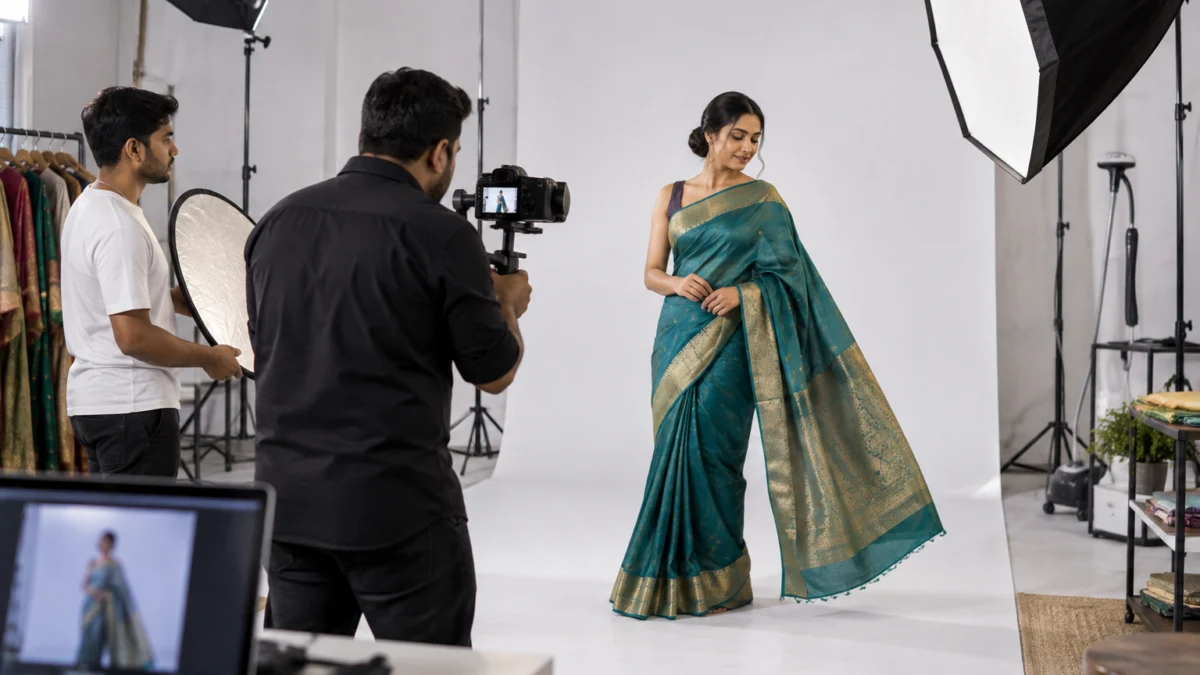 Behind the scenes of a saree video shoot: a videographer on a gimbal films a model turning in a teal and gold silk-blend saree while an assistant holds a reflector, capturing true drape and colour that cuts Meesho wrong product return disputes