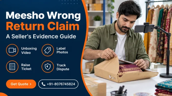 Meesho wrong return claim guide banner showing an Indian seller in an olive overshirt filming the opening of a returned courier parcel with a maroon printed saree inside on a phone stand, beside a navy panel listing unboxing video, label photos, raise ticket and track dispute steps