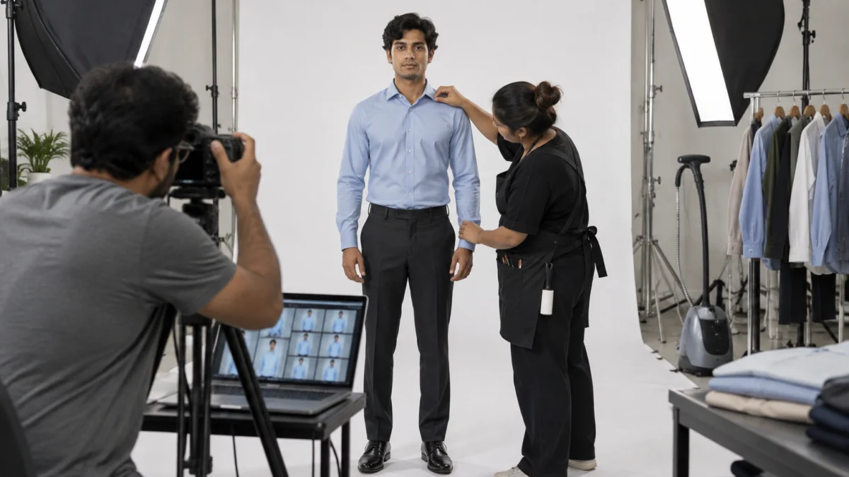 Behind the scenes of a menswear model shoot shot list in action: a stylist straightens the collar of a sky-blue formal shirt on an Indian male model standing straight-front on white seamless while the photographer frames the shot at a tethered tripod camera