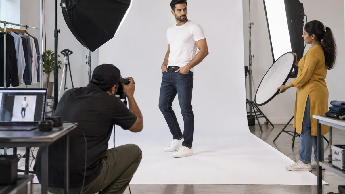 Behind the scenes of a denim model photoshoot angles session: a photographer kneels to shoot at hip height as an Indian male model in indigo slim jeans and a white t-shirt holds a relaxed three-quarter pose while an assistant lifts shadows with a reflector