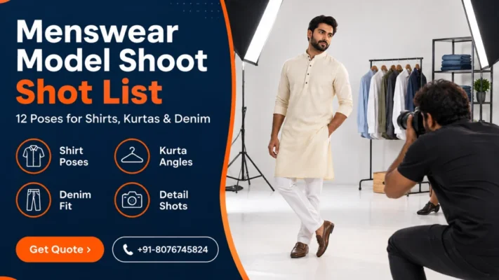 Menswear model shoot shot list banner showing an Indian male model in an ivory kurta posing three-quarter in a white studio while a photographer shoots, beside a navy panel listing shirt poses, kurta angles, denim fit and detail shots