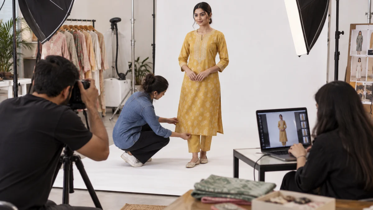 Behind the scenes of shooting ad-ready myntra product listing ads creatives: a photographer on a tripod captures an Indian model in a mustard printed cotton kurta set on white seamless while a stylist kneels to straighten the hem and an art director checks the tethered laptop under large softboxes