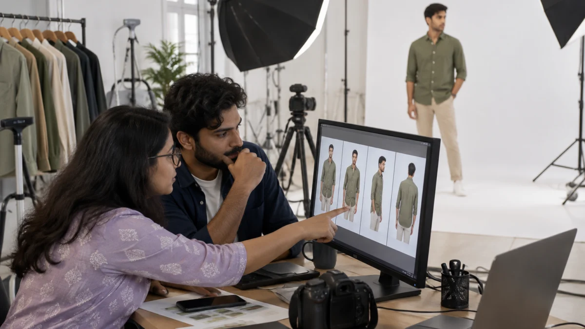 Behind the scenes of choosing myntra sponsored ads creatives: a retoucher in a lavender kurti and a bearded brand manager in a navy overshirt compare four angles of an olive menswear shirt on a calibrated monitor while the male model waits under a large octabox