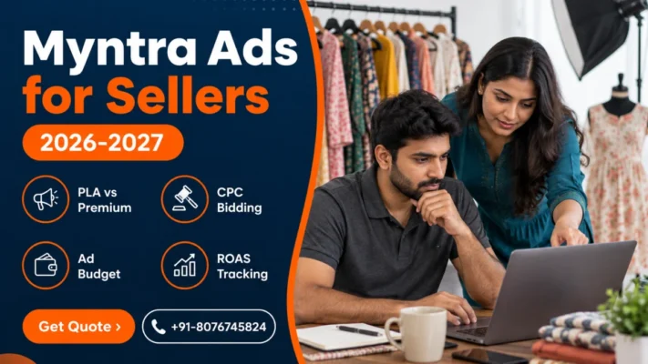 Myntra ads for sellers banner showing an Indian apparel brand founder in a charcoal polo and a colleague in a teal top reviewing a rising ad performance chart on a laptop beside a rack of dresses and kurtas, with a navy panel listing PLA vs premium, CPC bidding, ad budget and ROAS tracking