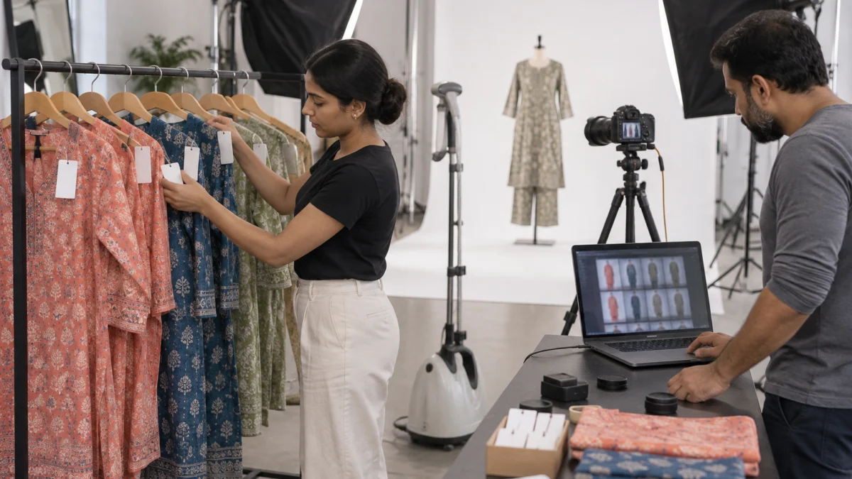 Behind the scenes of fixing a myntra duplicate sku and style group id problem: a studio assistant tags coral, indigo and sage printed cotton kurta sets colour by colour on a rack while a photographer checks thumbnails on a tethered laptop under large softboxes