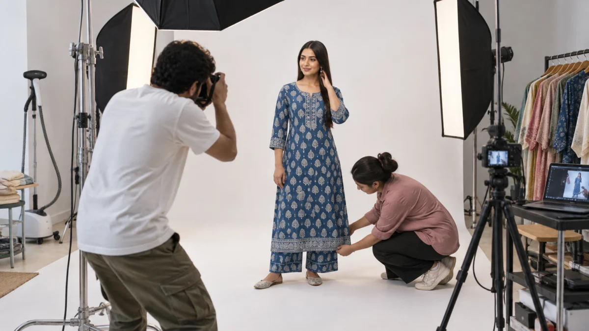 Behind the scenes of shooting to the myntra image size 1000x1400 portrait ratio: a photographer frames a full-length vertical shot of a model in an indigo block-printed kurta set on a white cyclorama while a stylist kneels to straighten the hem under an octabox and strip lights