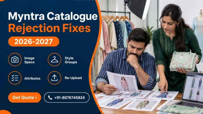 Myntra catalogue rejection fixes banner showing an Indian catalogue manager in a striped shirt reviewing printed garment photos while a colleague in a green kurta holds a pastel kurta set, beside a rack of kurta sets, with a navy panel listing image specs, style groups, attributes and re-upload steps