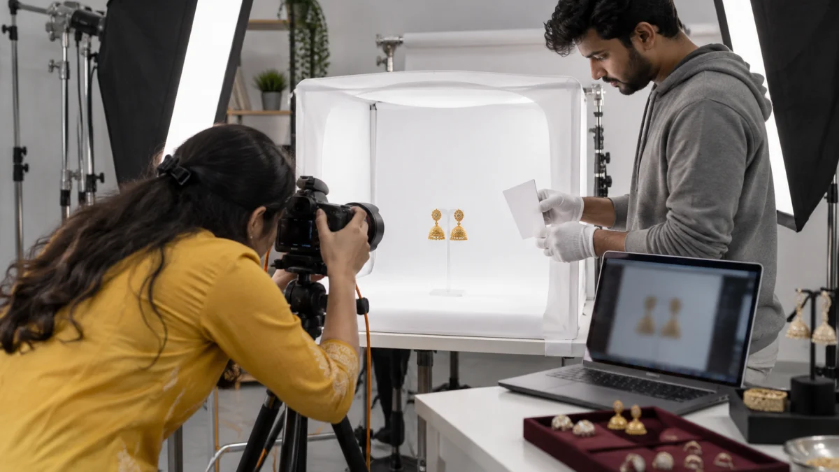 Behind the scenes of a jewellery packshot following shadow guidelines for Myntra: a female photographer in a mustard kurta shoots gold jhumka earrings on a clear acrylic stand inside a white light tent while a gloved assistant holds a white bounce card beside a tethered laptop