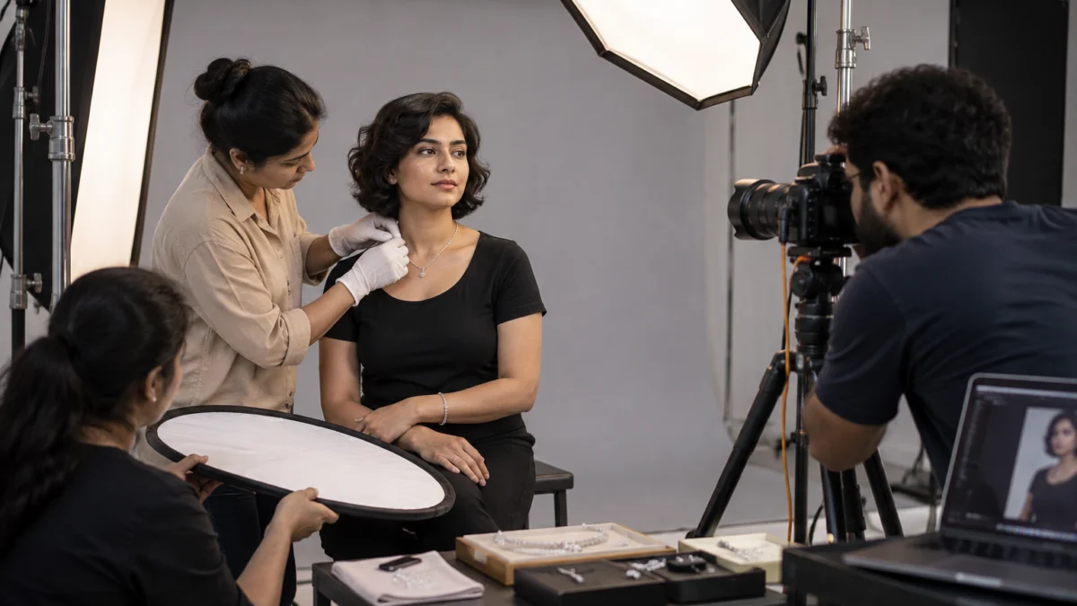Behind the scenes of an on-body jewellery shoot: a gloved stylist in a beige shirt adjusts a fine silver necklace on a seated Indian model in a black top on a light grey backdrop, an assistant holds a round reflector low and a photographer waits behind a tethered camera under an octabox